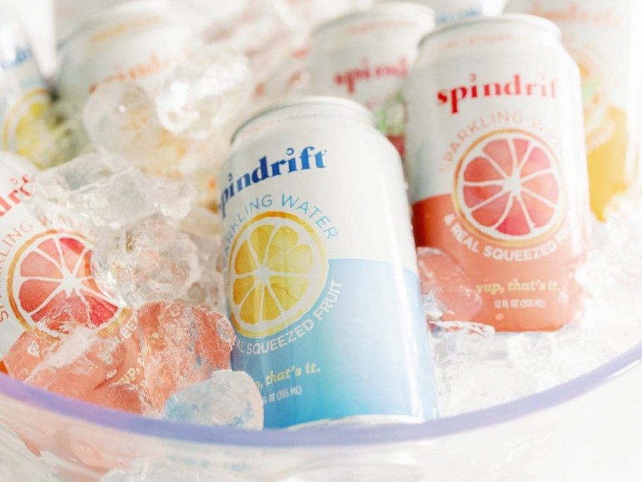 cans of Spindrift Sparkling Water in a bowl of ice