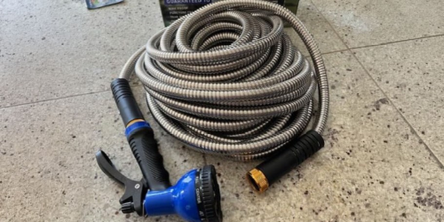 Stainless Steel 50′ Garden Hose w/ Nozzle Just $22.49 Shipped for Prime Members