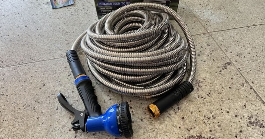 Stainless Steel 50′ Garden Hose w/ Nozzle Just $22.49 Shipped for Prime Members