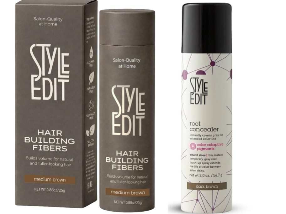 style edit hair building fibers and root touch up spray stock images side by side