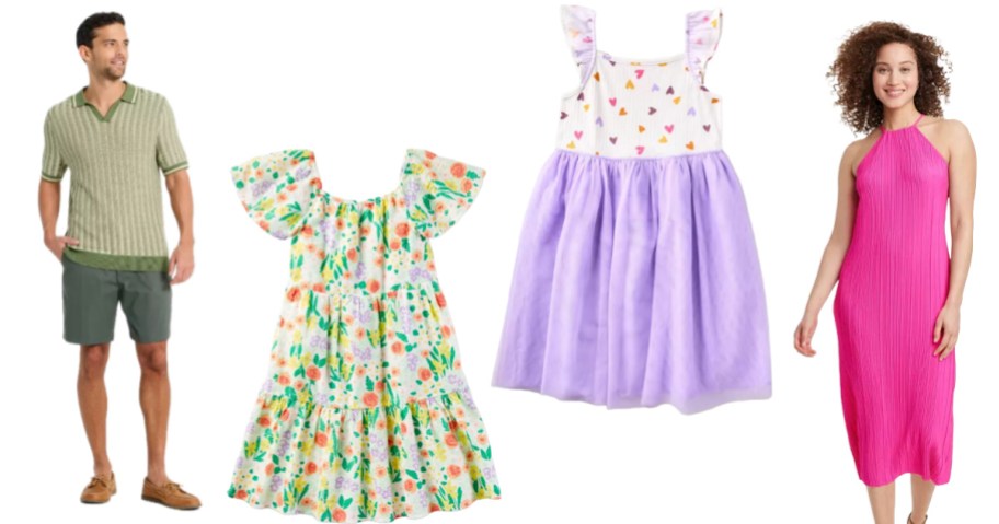 man and woman standing and two girls' dresses