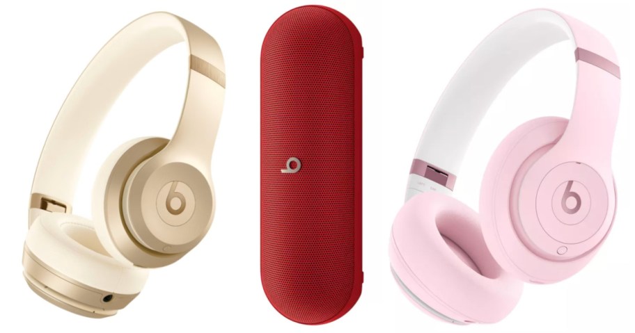 two pairs of headphones and wireless speaker