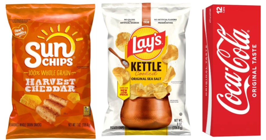 two bags of chips and 12 pack of soda