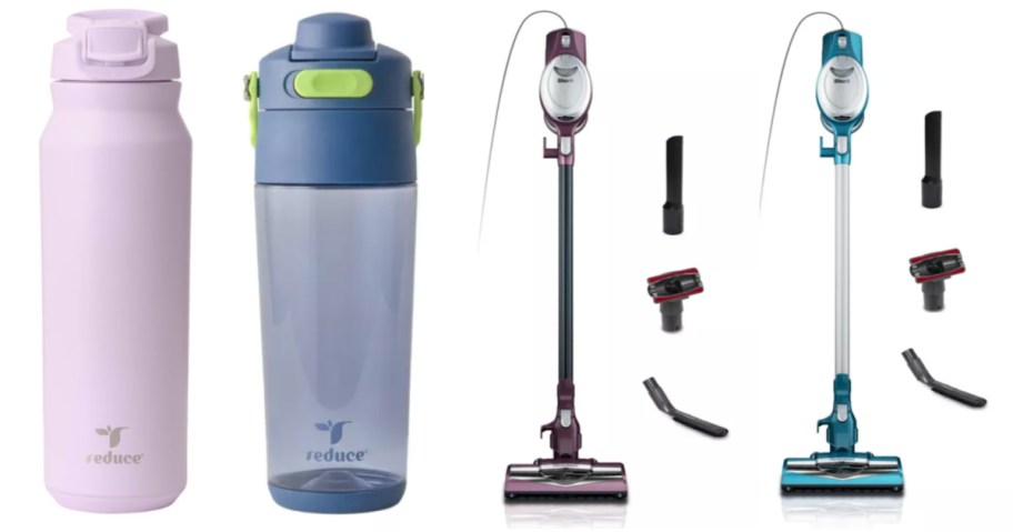 two water bottles and two vacuums