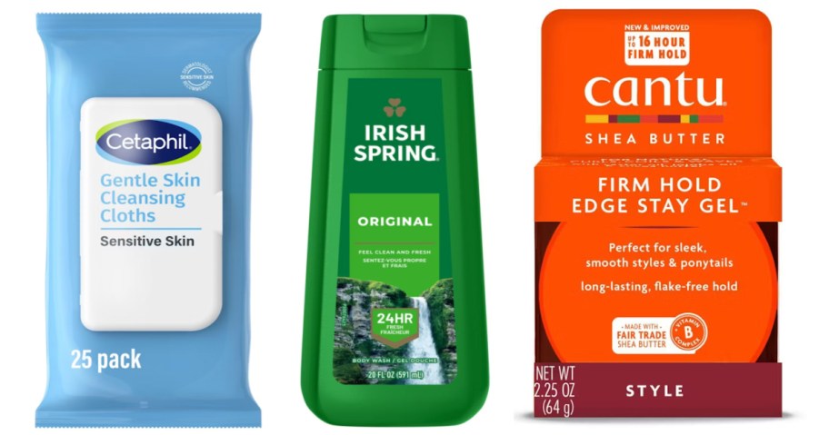 face wipes, body wash and hair gel