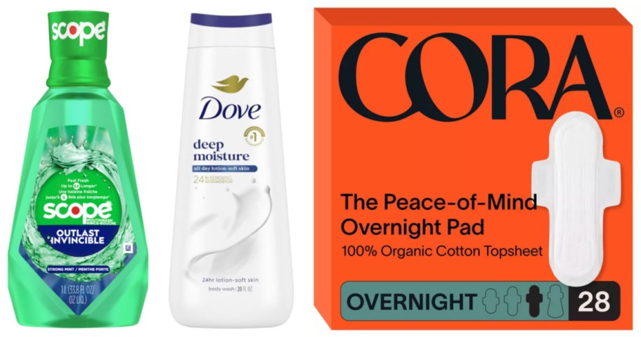mouthwash, body wash and panty liners