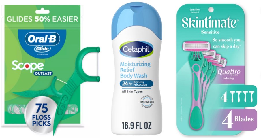 floss picks, body wash and disposable razors