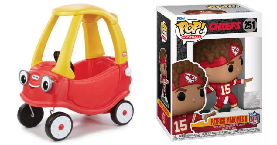 kids' ride-on toy and football player figurine