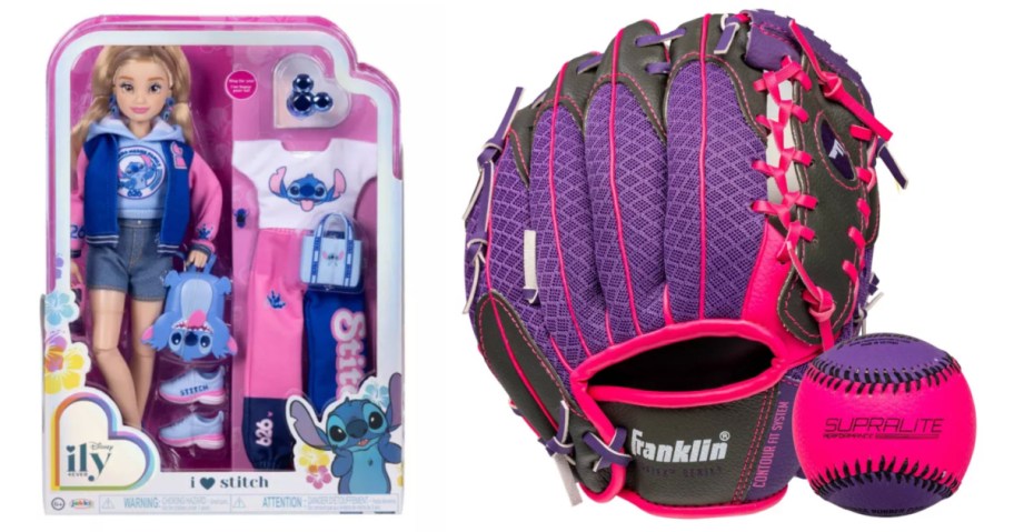 toy doll and softball mitt with ball