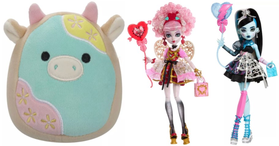 plush stuffed animal and two dolls