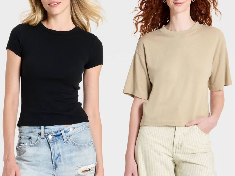 Stock images of two women wearing basic tees from Target