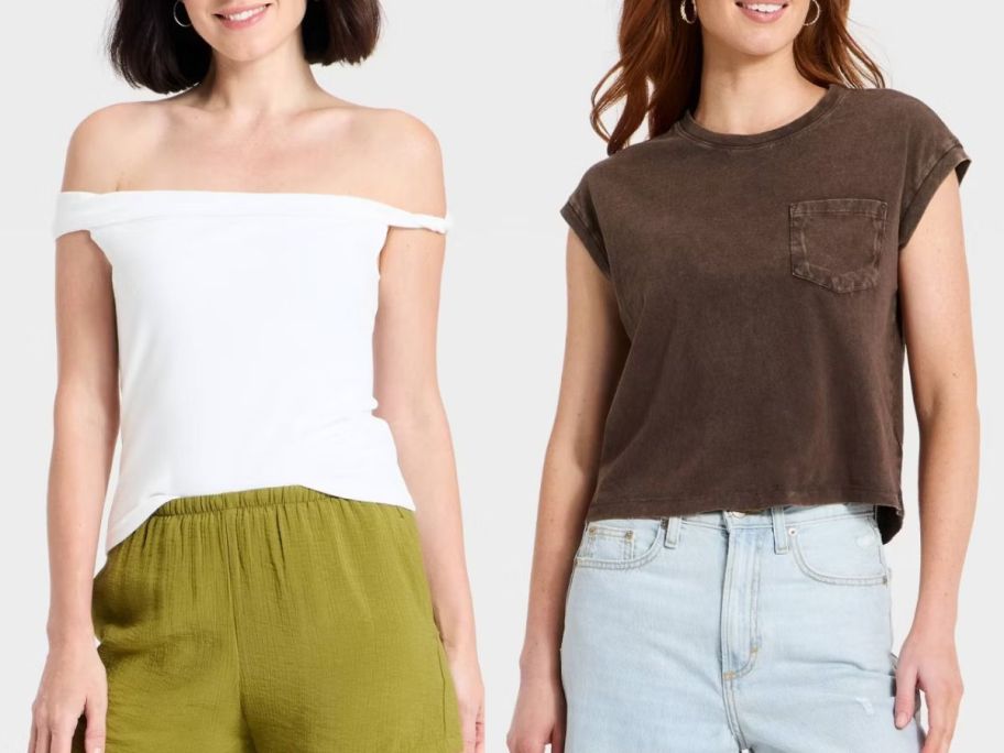 Stock images of two women wearing basic tees from Target