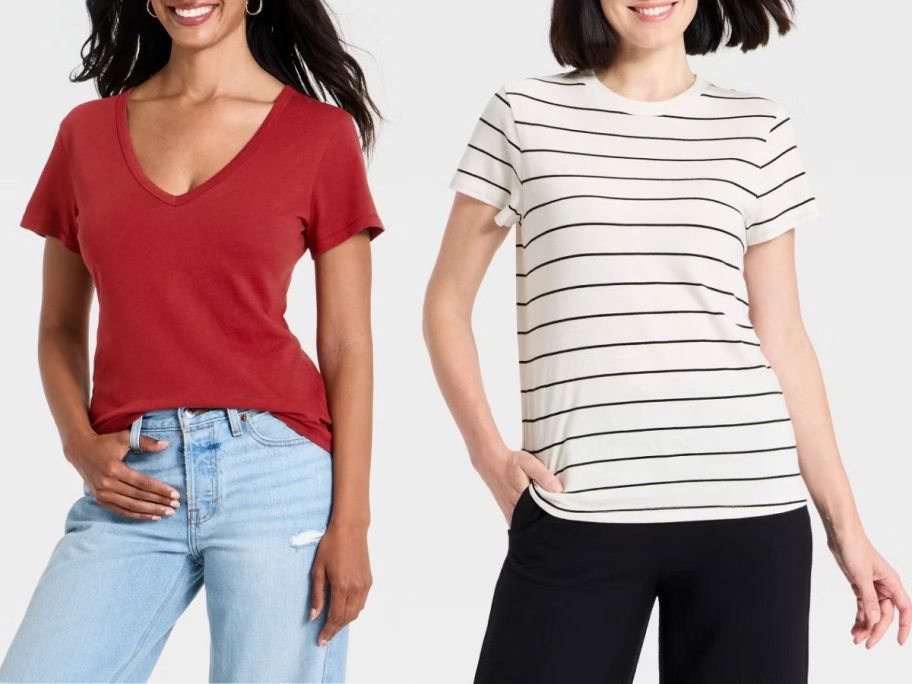Stock images of two women wearing basic tees from Target