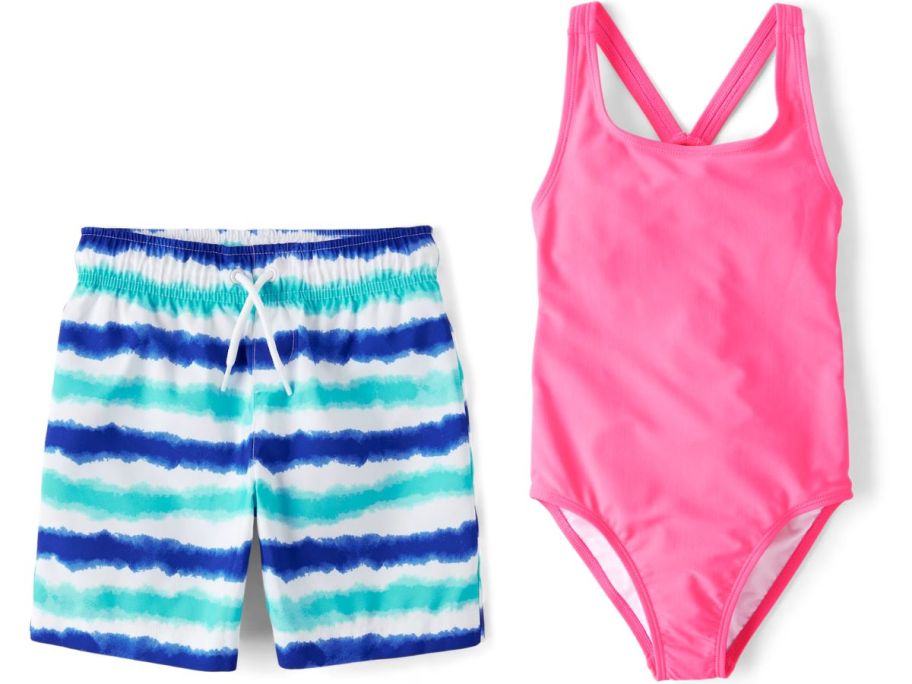 Stock images of the children's place boys swim trunks and a girls swimsuit