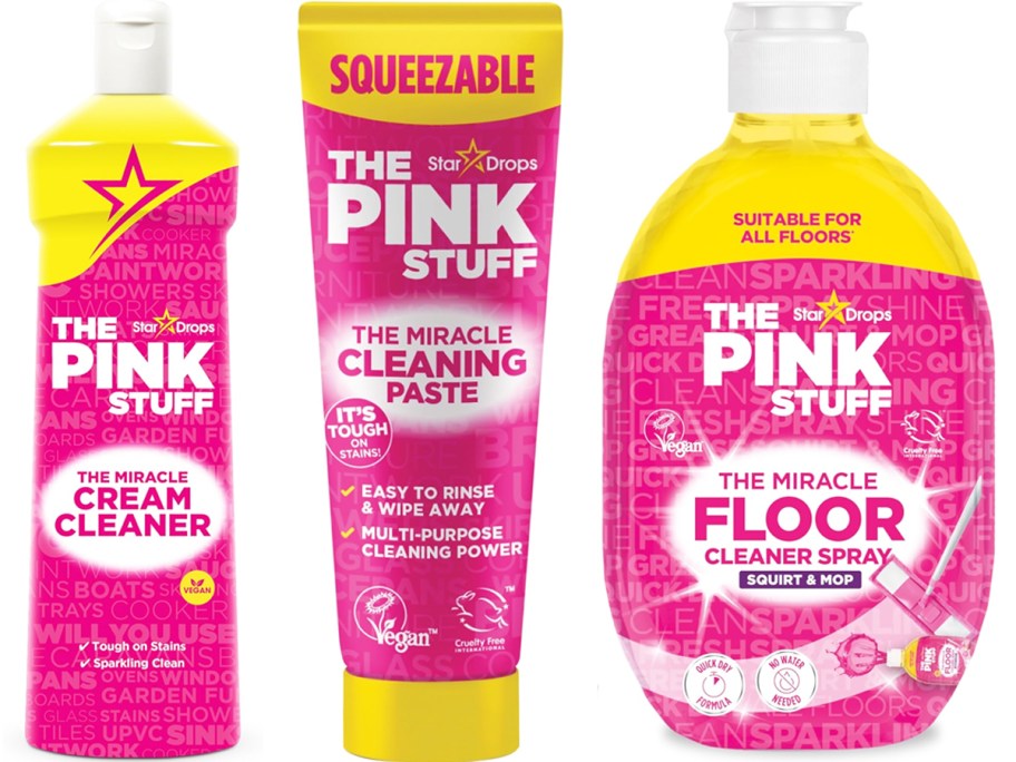 three bottles of The Pink Stuff Cleaners