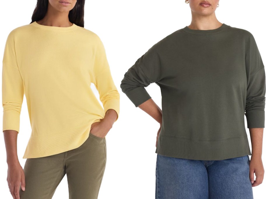 Two women wearing Time and Tru Sweatshirts