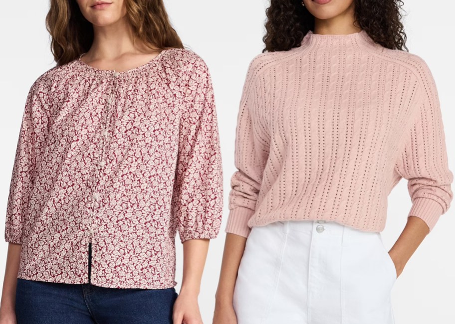 Time and Tru Women's Cotton Button Front Blouse, Pointelle Mock Neck Sweater