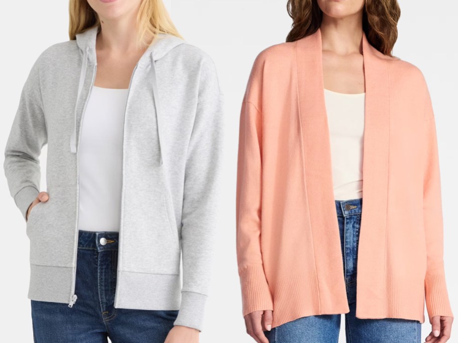 Time and Tru Women's Zip Front Fleece Hoodie Jacket, Open Front Cardigan Sweater