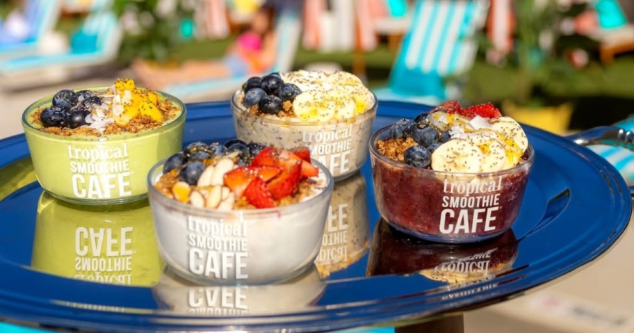 tropical smoothie bowls in different flavors