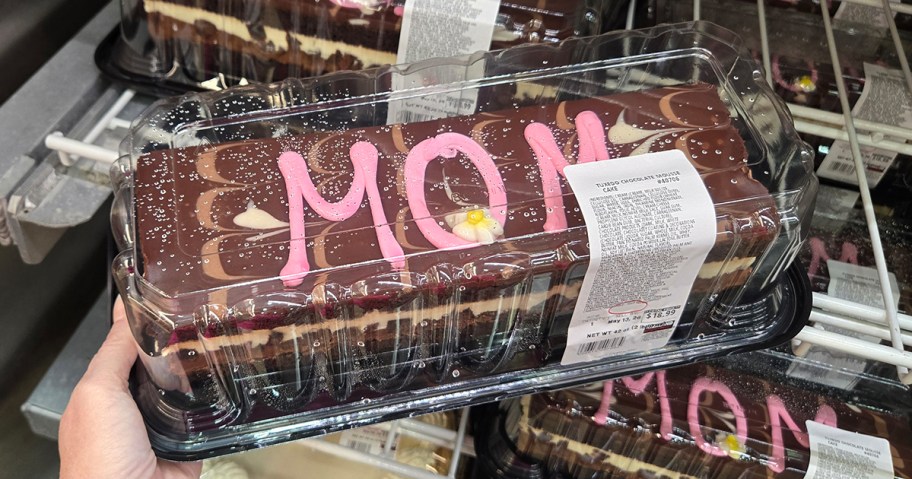Tuxedo Chocolate Mousse Bar Cake decorated for Mother's Day