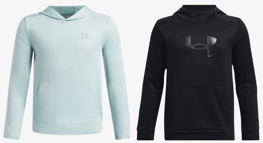 light blue and black hoodies