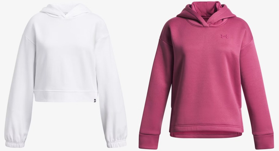 white and magenta hoodies