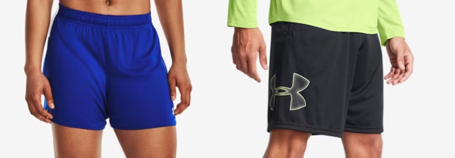 woman in blue shorts and man in black shorts