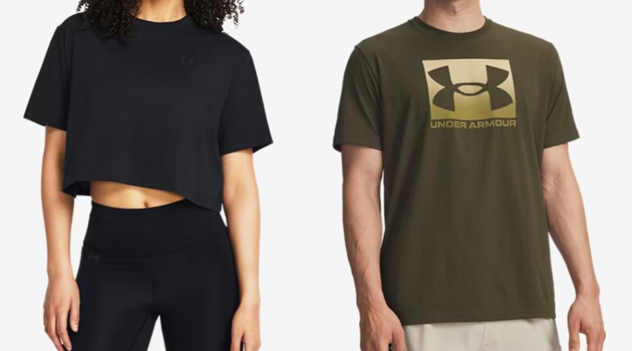 woman in a black top and man in a green graphic tee