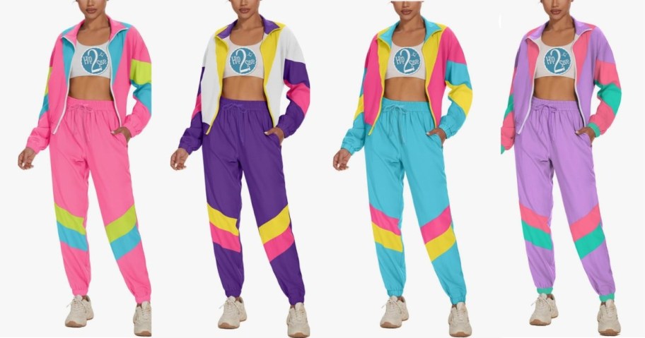 4 women wearing windbreaker sets on a white background