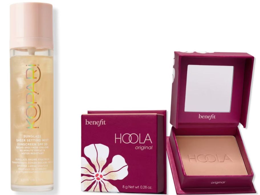 Stock images of Kopari Sunglaze Primer Mist Sunscreen and Benefit Hoola Girl Bronzer