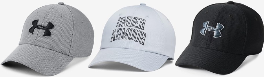 three under armour hats in a row