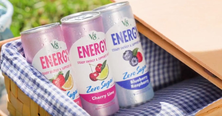 3 cans of V8 Energy Zero Sugar in a picnic basket