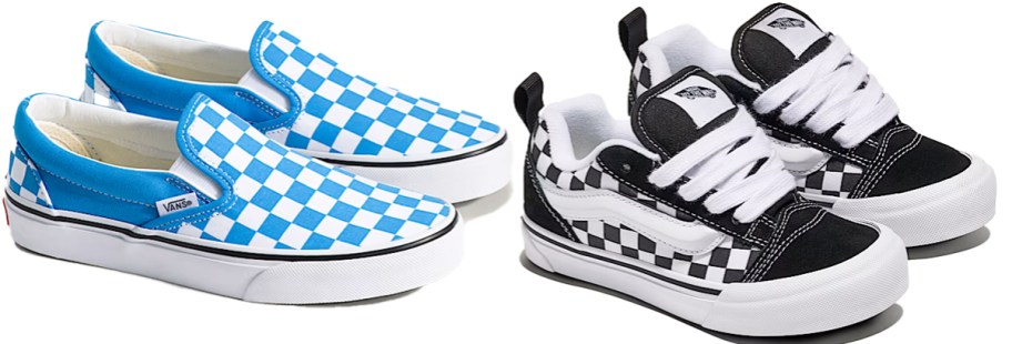 pairs of blue and white checkerboard print sneakers