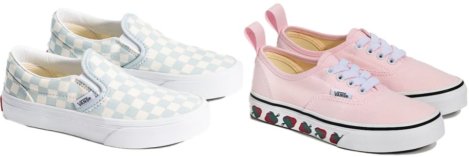 checkerboard and strawberry print sneakers