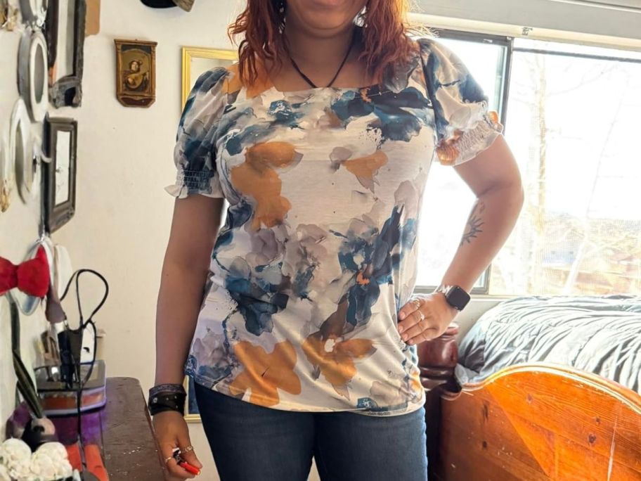 woman wearing a floral top