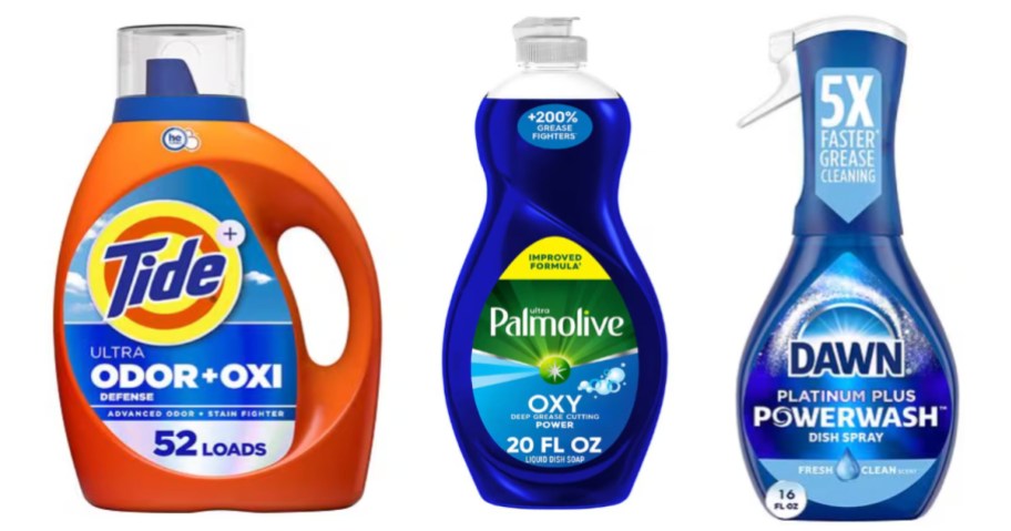 laundry detergent, dish soap and dish spray