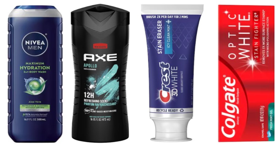 two bottles of men's body wash and two tubes of toothpaste
