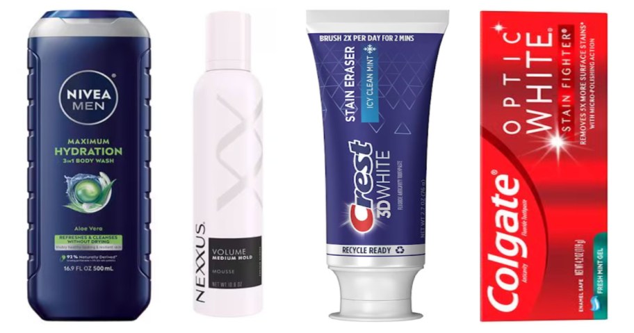 body wash, shampoo and two tubes of toothpaste