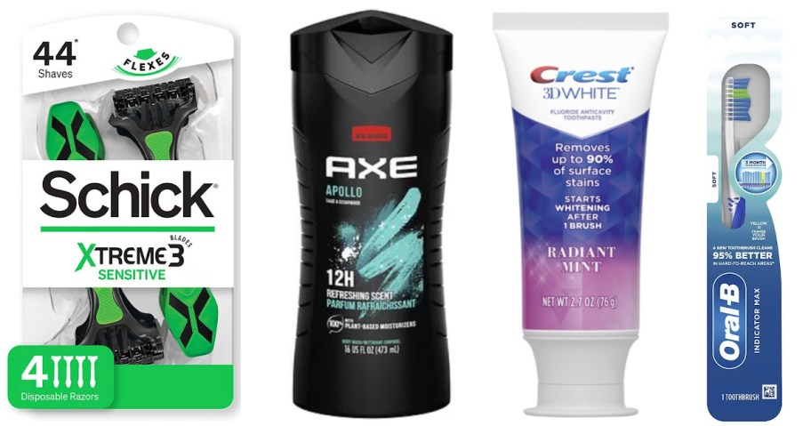 disposable razors, body wash, toothpaste and toothbrush