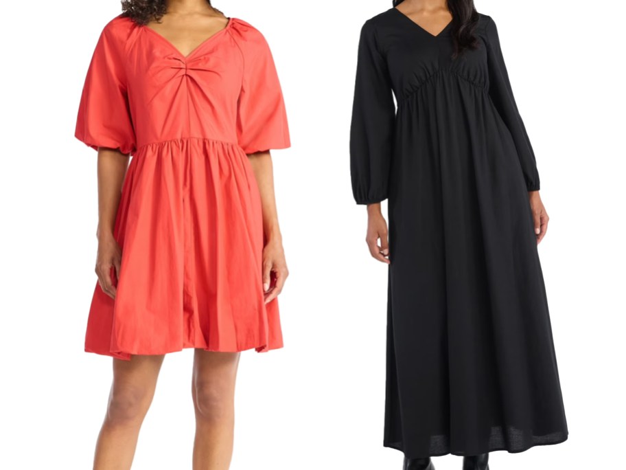 women in orange and black dresses