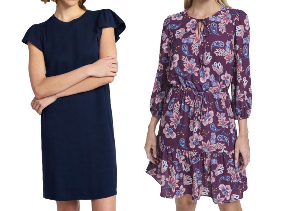 women in blue and purple dresses