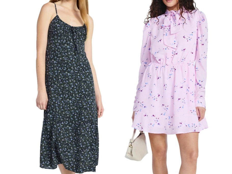 two women in floral print dresses