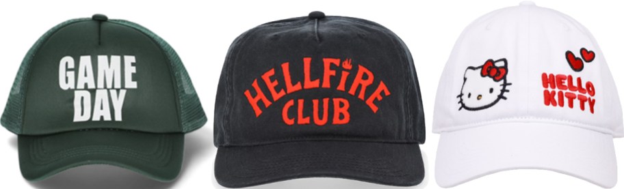 three baseball hats in a row