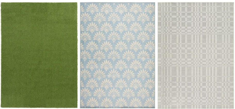 Stock images of three area rugs from Walmart