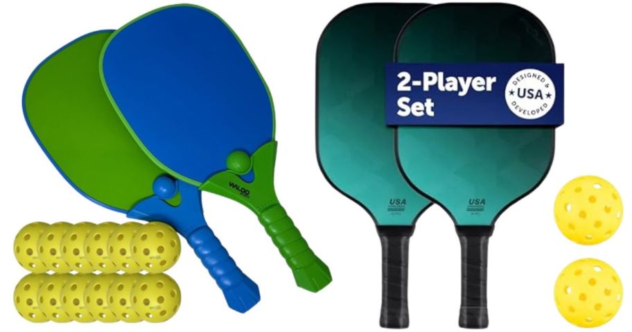 Waloo Pickle Ball Deluxe 2 Paddles & 12 Balls Set and Sport Squad 2-Player Pickleball Paddle Set