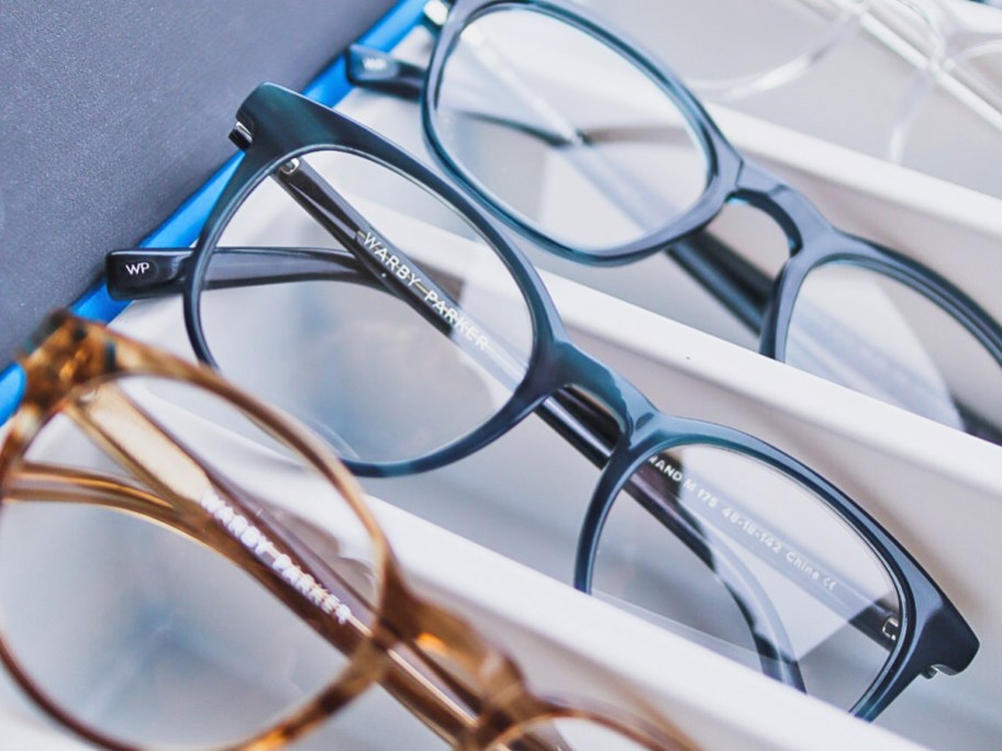 multiple pairs of glasses in a tray