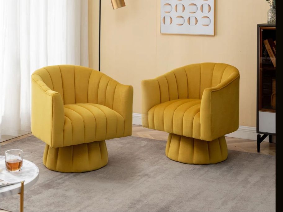 two gold Willa Arlo Murrow Velvet Swivel Barrel Chairs in living room