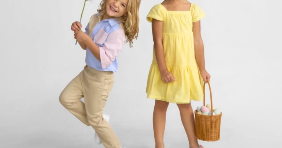 kids wearing wonder nation spring and easter clothes holding easter basket and flower