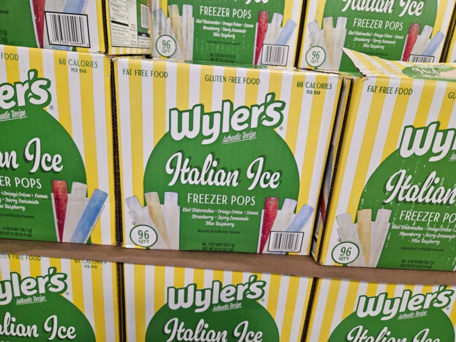 Boxes of Wyler's Italian Ice Freezer Pops with a yellow and white striped design.