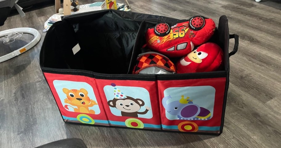 YOHOOLYO flip top toy storage organizer with lightning mcqueen toys inside